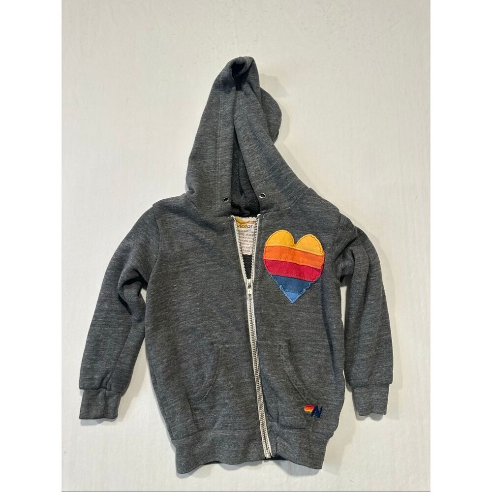 Aviator Nation Kids Gray Rainbow Heart Zip Up Hoodie Size 2 Made in USA